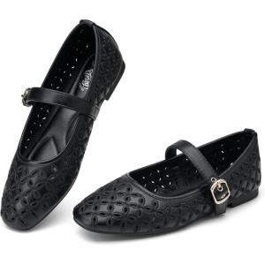 imageTrary Mary Jane Shoes Women Hollow Flats for Women Ballet Flats Shoes Squared Toe Mary Jane Flats Ankle Strap Flats Shoes Dressy ComfortableBlack