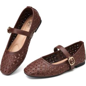 imageTrary Mary Jane Shoes Women Hollow Flats for Women Ballet Flats Shoes Squared Toe Mary Jane Flats Ankle Strap Flats Shoes Dressy ComfortableCoffee
