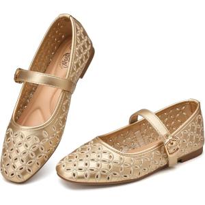 imageTrary Mary Jane Shoes Women Hollow Flats for Women Ballet Flats Shoes Squared Toe Mary Jane Flats Ankle Strap Flats Shoes Dressy ComfortableGold