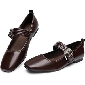 imageTrary Mary Jane Shoes Women Woven Flats for Women Dressy Ballet Flats Squared Toe Mary Jane Flats ShoesBpu Coffee