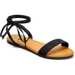 imageTrary Womens Lace Up Open Toe Strappy Sandals Ankle Wrap Flat Dressy Tie Up Summer FootwearBlack