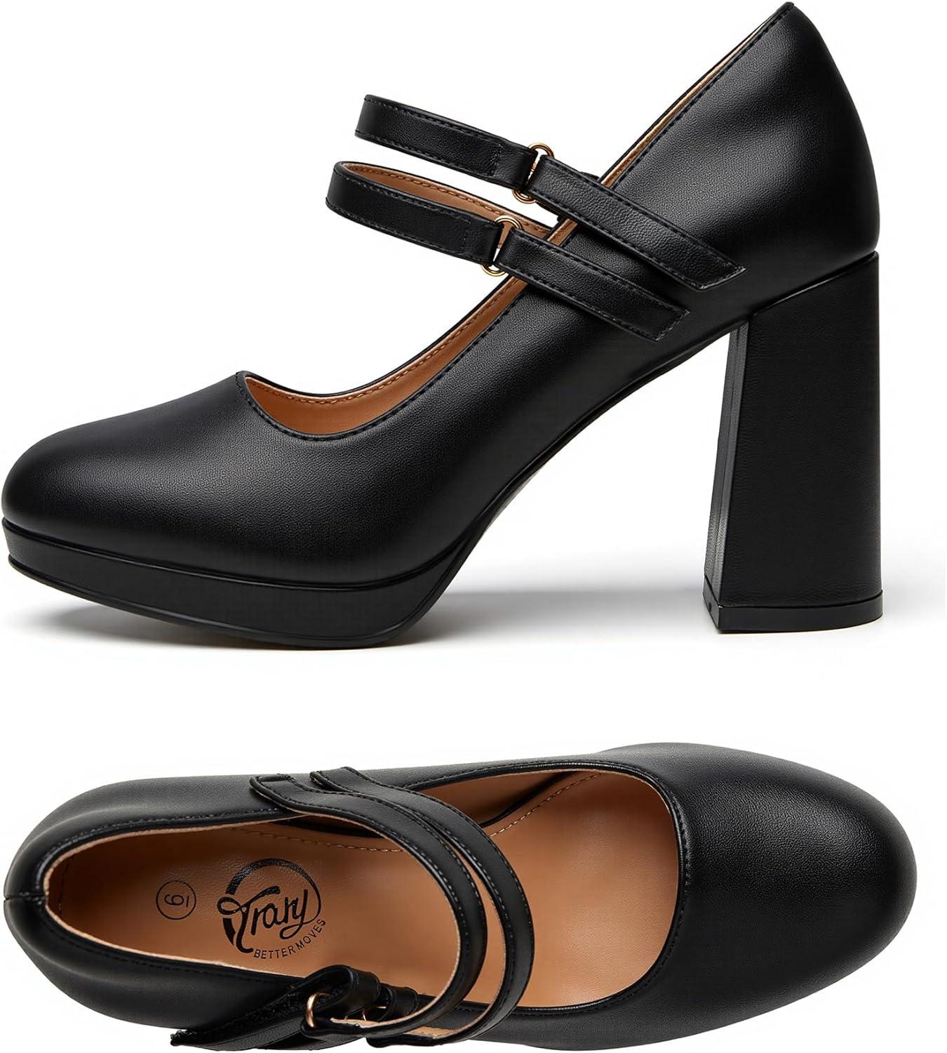 imageTrary Mary Jane Shoes Women Heels Platform Chunky Block High Heels with Double Strap Womens Pumps Comfortable Dress Pumps for Party Wedding Office Round Toe Heel ShoesBlack Pu