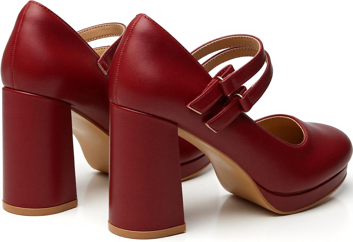 imageTrary Mary Jane Shoes Women Heels Platform Chunky Block High Heels with Double Strap Womens Pumps Comfortable Dress Pumps for Party Wedding Office Round Toe Heel ShoesRed Pu