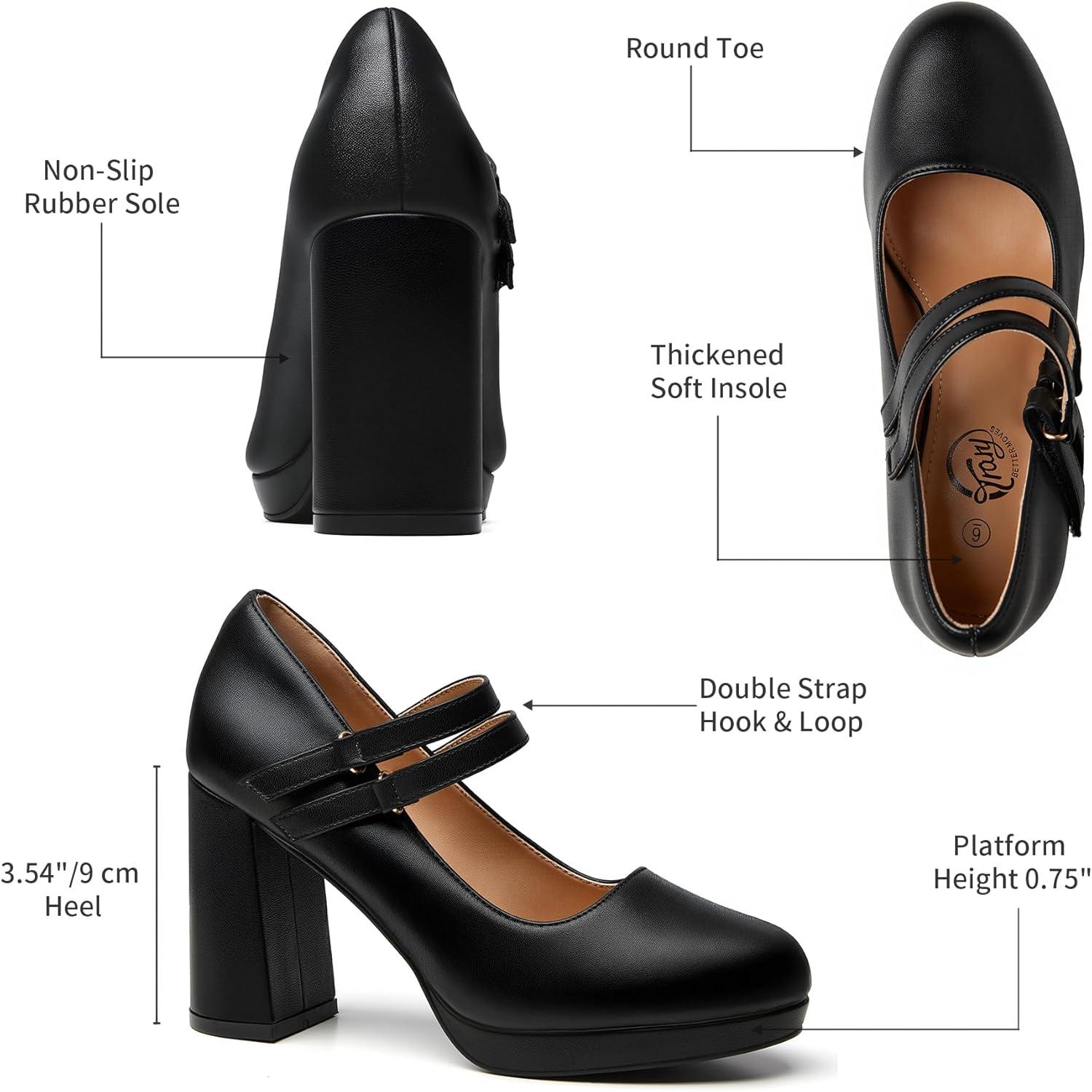 imageTrary Mary Jane Shoes Women Heels Platform Chunky Block High Heels with Double Strap Womens Pumps Comfortable Dress Pumps for Party Wedding Office Round Toe Heel ShoesBlack Pu