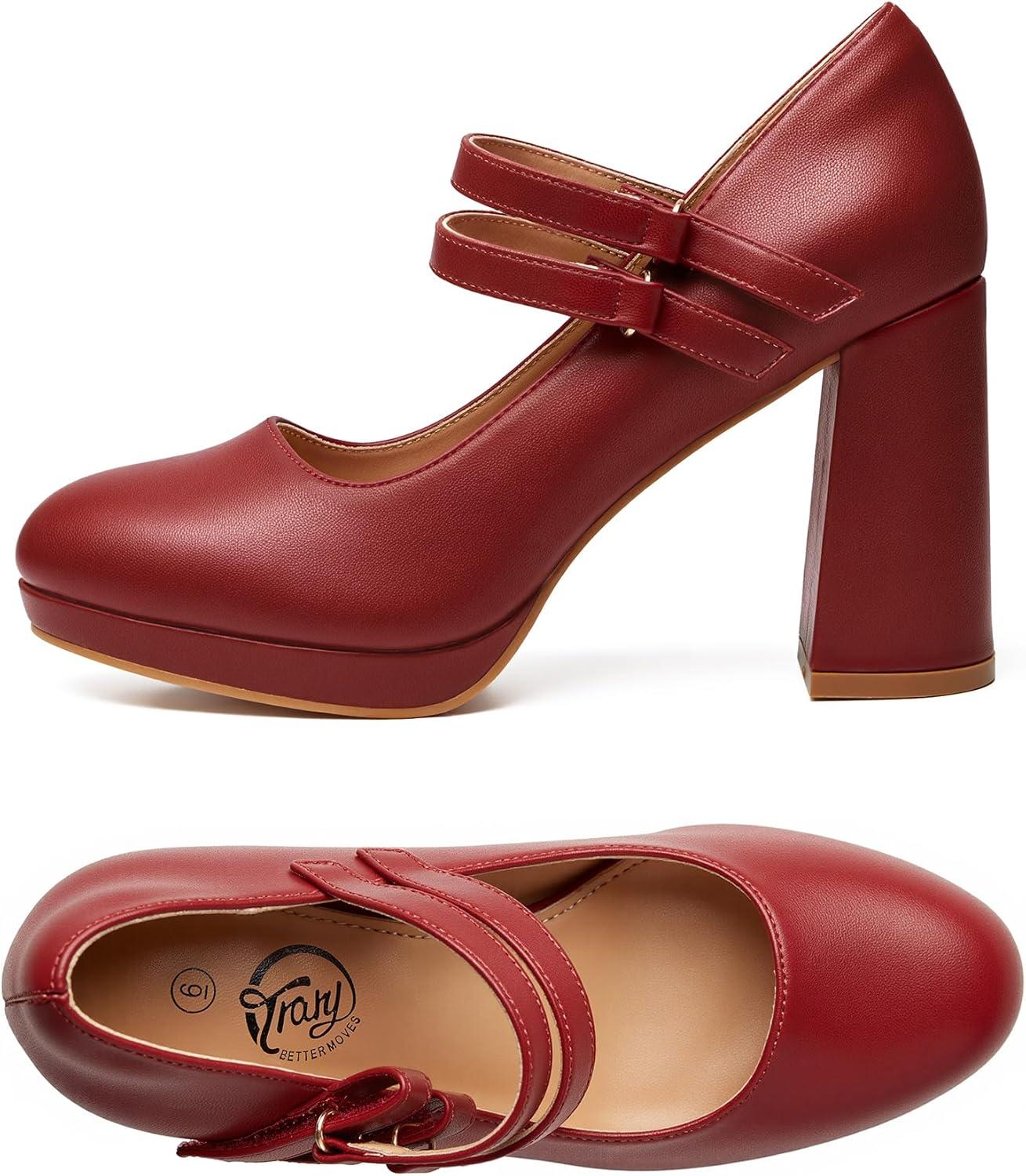 imageTrary Mary Jane Shoes Women Heels Platform Chunky Block High Heels with Double Strap Womens Pumps Comfortable Dress Pumps for Party Wedding Office Round Toe Heel ShoesRed Pu