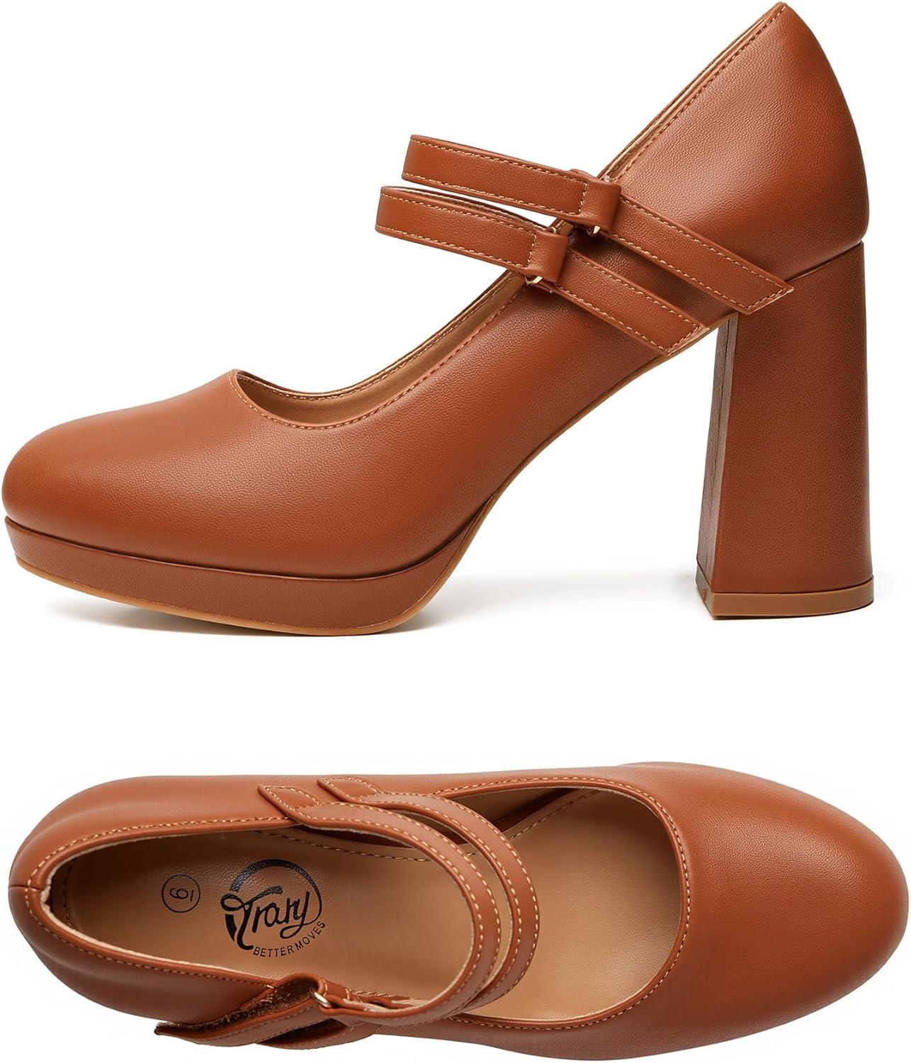 imageTrary Mary Jane Shoes Women Heels Platform Chunky Block High Heels with Double Strap Womens Pumps Comfortable Dress Pumps for Party Wedding Office Round Toe Heel ShoesBrown Pu