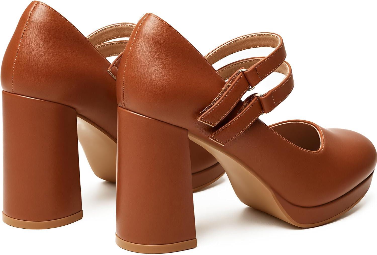 imageTrary Mary Jane Shoes Women Heels Platform Chunky Block High Heels with Double Strap Womens Pumps Comfortable Dress Pumps for Party Wedding Office Round Toe Heel ShoesBrown Pu