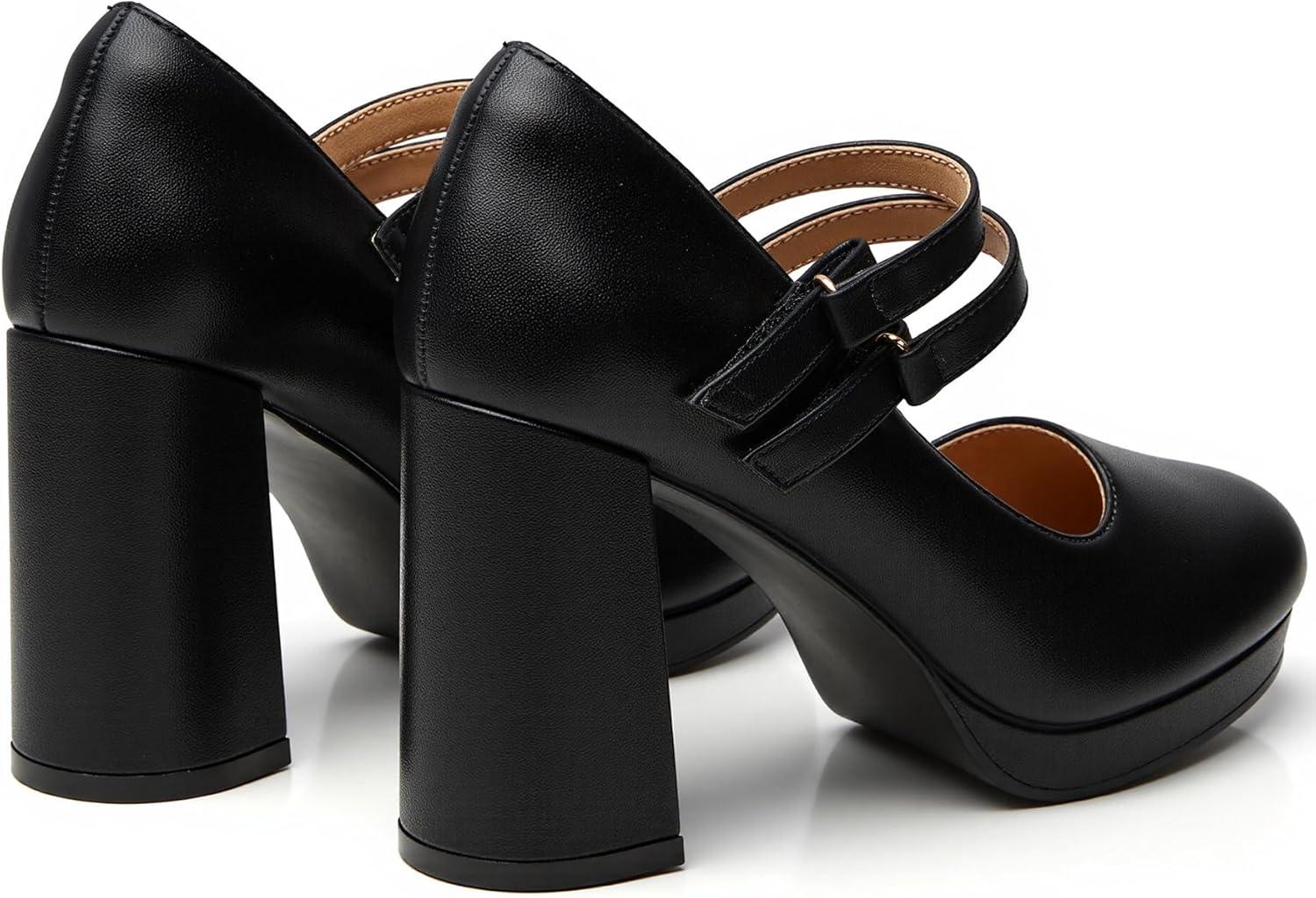 imageTrary Mary Jane Shoes Women Heels Platform Chunky Block High Heels with Double Strap Womens Pumps Comfortable Dress Pumps for Party Wedding Office Round Toe Heel ShoesBlack Pu