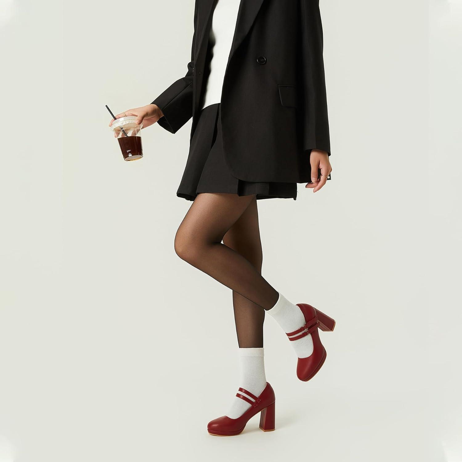 imageTrary Mary Jane Shoes Women Heels Platform Chunky Block High Heels with Double Strap Womens Pumps Comfortable Dress Pumps for Party Wedding Office Round Toe Heel ShoesRed Pu