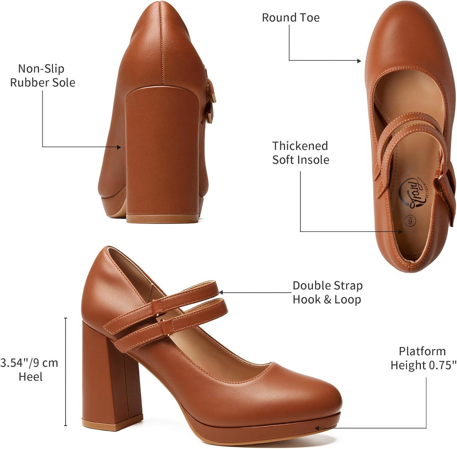 imageTrary Mary Jane Shoes Women Heels Platform Chunky Block High Heels with Double Strap Womens Pumps Comfortable Dress Pumps for Party Wedding Office Round Toe Heel ShoesBrown Pu