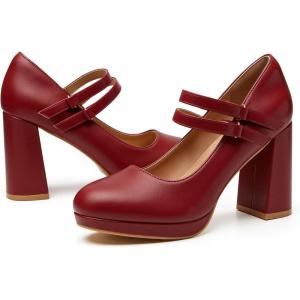 imageTrary Mary Jane Shoes Women Heels Platform Chunky Block High Heels with Double Strap Womens Pumps Comfortable Dress Pumps for Party Wedding Office Round Toe Heel ShoesRed Pu