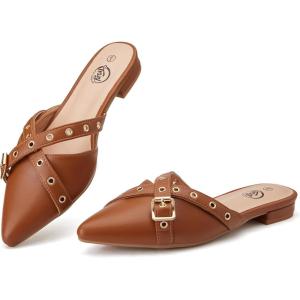 imageTrary Mules for WomenComfortable Pointed Toe FlatsBackless Loafers SlipOns Womens ClogsBusiness Casual Fall Winter Shoes Women Dressy Brown