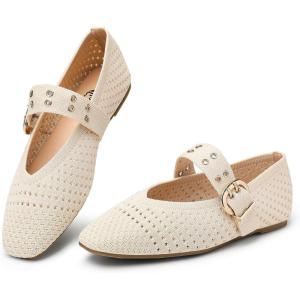 image:imageTrary Knit Flats for Women Square Toe Ballet Flats with Buckle Straps Mary Jane Shoes Women Comfortable Casual Dress Shoes for Work Daily WearKnitbeige