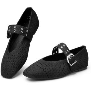 image:imageTrary Knit Flats for Women Square Toe Ballet Flats with Buckle Straps Mary Jane Shoes Women Comfortable Casual Dress Shoes for Work Daily WearKnitblack