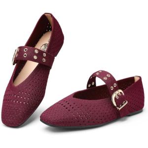 image:imageTrary Knit Flats for Women Square Toe Ballet Flats with Buckle Straps Mary Jane Shoes Women Comfortable Casual Dress Shoes for Work Daily WearKnitburgundy