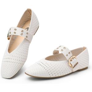 image:imageTrary Knit Flats for Women Square Toe Ballet Flats with Buckle Straps Mary Jane Shoes Women Comfortable Casual Dress Shoes for Work Daily WearOffwhite