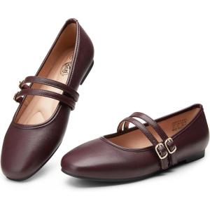 image:imageTrary Mary Jane Shoes Women Square Toe Flats for Women Dressy Ballet Flat Mary Jane Flats with Buckle Strap Comfortable Slip On Casual ShoesBurgundy