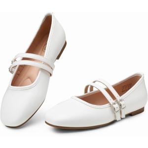 image:imageTrary Mary Jane Shoes Women Square Toe Flats for Women Dressy Ballet Flat Mary Jane Flats with Buckle Strap Comfortable Slip On Casual ShoesWhite