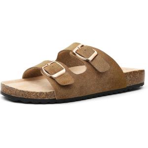 image:imageTrary Kids Sandals Boys Girls Double Buckle Slides Memory Foam Cork Footbed NonSlip Slides for Kids Non Slip Summer Beach Slippers for Toddler Little Big KidBrown