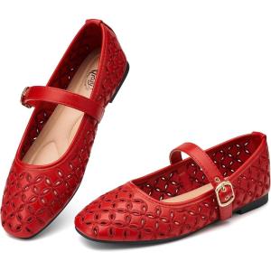 image:imageTrary Mary Jane Shoes Women Hollow Flats for Women Ballet Flats Shoes Round Toe Mary Jane Flats Ankle Strap Spring Summer Shoes Dressy ComfortableRed