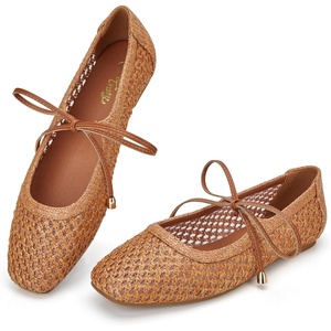 image:imageTrary Mary Jane Shoes Women Woven Flats for Women Dressy Ballet Flats Spring Summer Squared Toe Lace Up Mary Jane Flats ShoesBrown