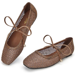 image:imageTrary Mary Jane Shoes Women Woven Flats for Women Dressy Ballet Flats Spring Summer Squared Toe Lace Up Mary Jane Flats ShoesCoffee