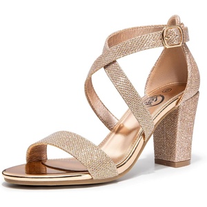 image:imageTrary Womens Block Chunky Heel Sandals for Women Open Toe Adjustable Cross Ankle Strap Dress Shoes Walking Wedding Evening Bridal HeelsGlitter Gold