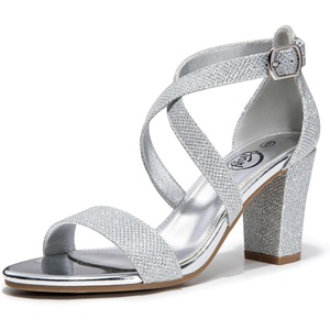 image:imageTrary Womens Block Chunky Heel Sandals for Women Open Toe Adjustable Cross Ankle Strap Dress Shoes Walking Wedding Evening Bridal HeelsGlitter Silver