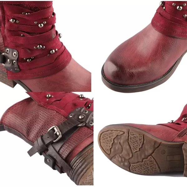 LALA IKAI Women Motorcycle Boots Ankle Combat Boots with Studded Low Block Heels Biker Shoes