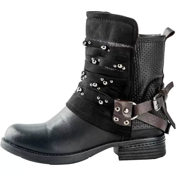 LALA IKAI Women Motorcycle Boots Ankle Combat Boots with Studded Low Block Heels Biker Shoes
