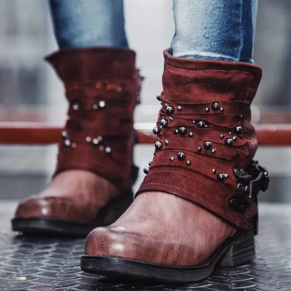 LALA IKAI Women Motorcycle Boots Ankle Combat Boots with Studded Low Block Heels Biker Shoes