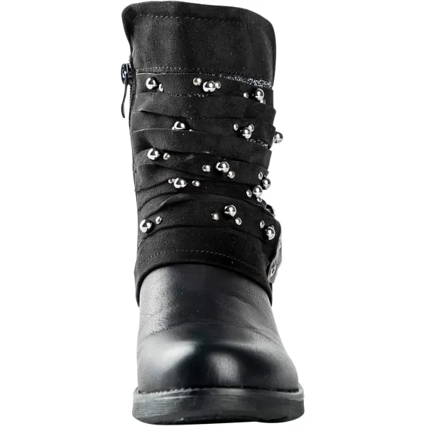 LALA IKAI Women Motorcycle Boots Ankle Combat Boots with Studded Low Block Heels Biker Shoes