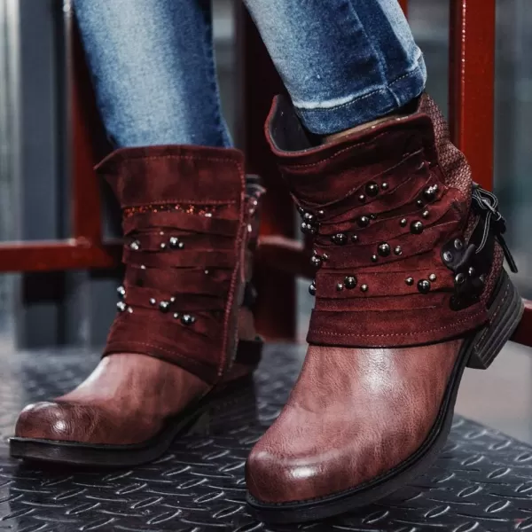 LALA IKAI Women Motorcycle Boots Ankle Combat Boots with Studded Low Block Heels Biker Shoes