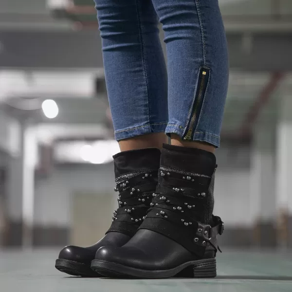 LALA IKAI Women Motorcycle Boots Ankle Combat Boots with Studded Low Block Heels Biker Shoes