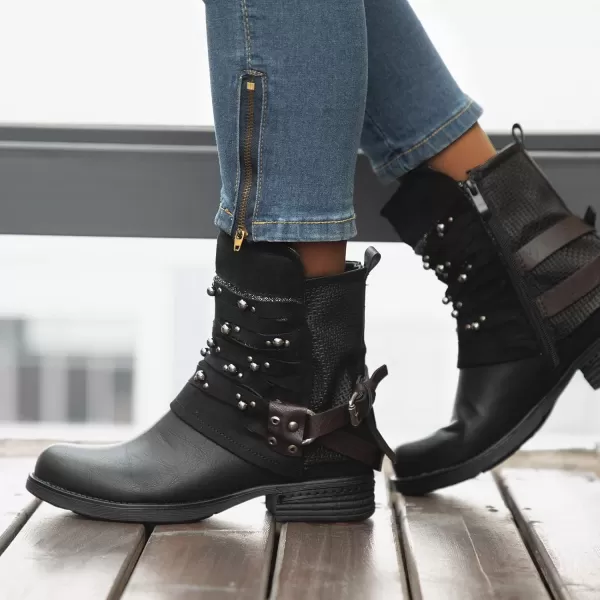 LALA IKAI Women Motorcycle Boots Ankle Combat Boots with Studded Low Block Heels Biker Shoes
