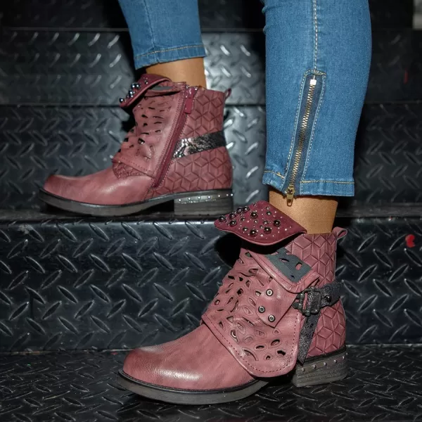 LALA IKAI Women Motorcycle Boots Combat Ankle Combat Boots with Studded Low Block Heels Biker Shoes Black/Gray/Brown