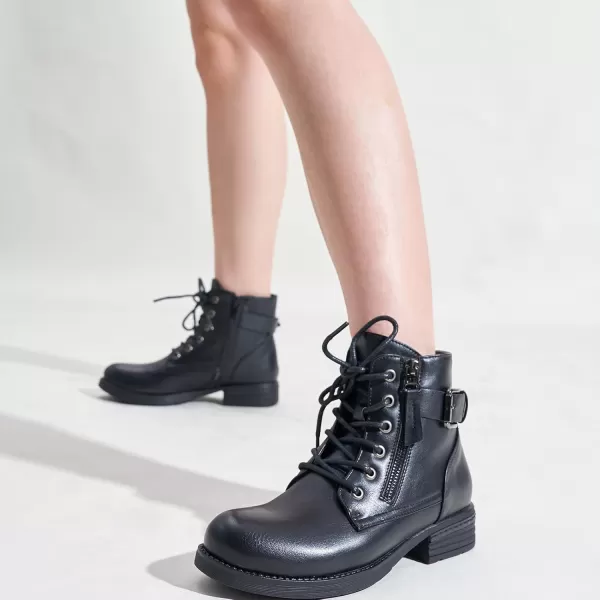 LALA IKAI Women Motorcycle Boots Combat Ankle Combat Boots with Studded Low Block Heels Biker Shoes Black/Gray/Brown
