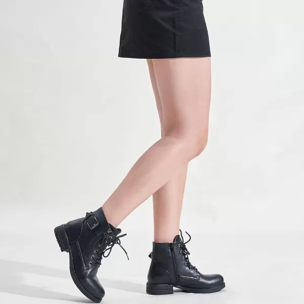 LALA IKAI Women Motorcycle Boots Combat Ankle Combat Boots with Studded Low Block Heels Biker Shoes Black/Gray/Brown