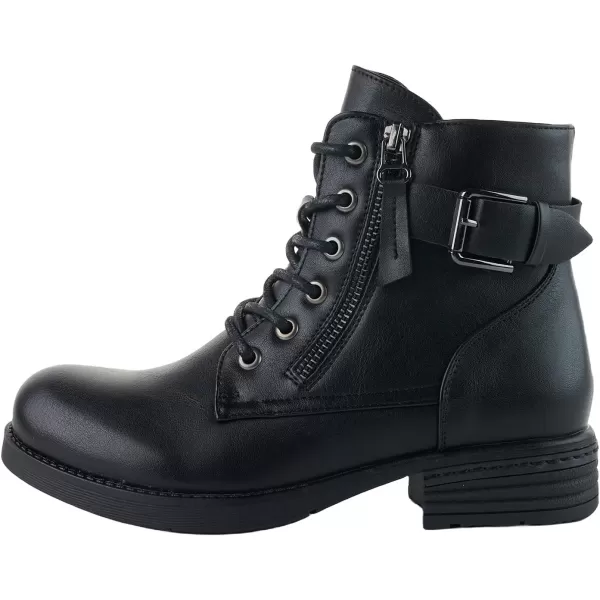 LALA IKAI Women Motorcycle Boots Combat Ankle Combat Boots with Studded Low Block Heels Biker Shoes Black/Gray/Brown