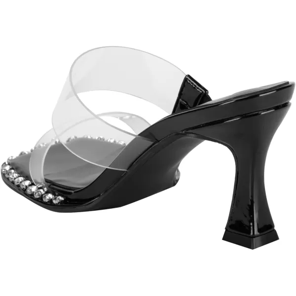 LALA IKAI Women's Clear Square Toe Sandals Rhinestone Open Toe Heels Two Strap Slip On Mules Party Wedding Dress Shoes