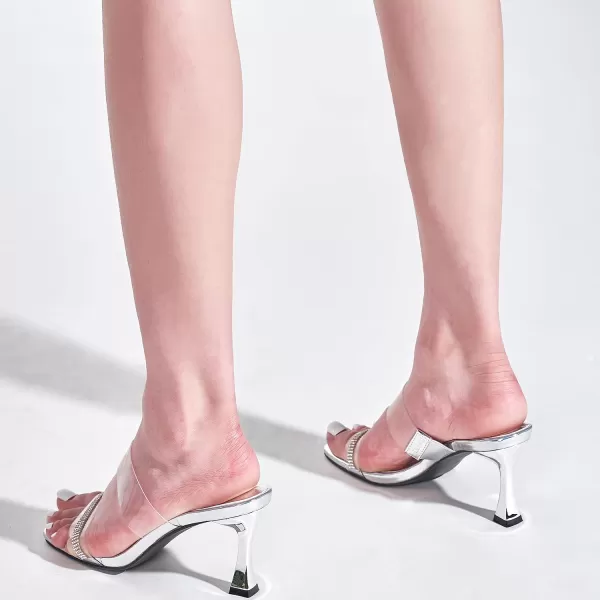 LALA IKAI Women's Clear Square Toe Sandals Rhinestone Open Toe Heels Two Strap Slip On Mules Party Wedding Dress Shoes