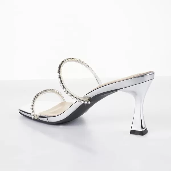 LALA IKAI Women's Clear Square Toe Sandals Rhinestone Open Toe Heels Two Strap Slip On Mules Party Wedding Dress Shoes