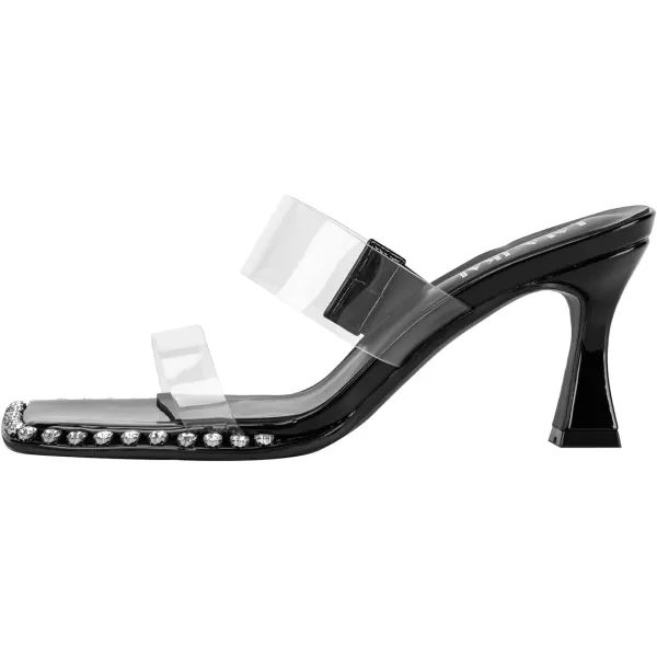 LALA IKAI Women's Clear Square Toe Sandals Rhinestone Open Toe Heels Two Strap Slip On Mules Party Wedding Dress Shoes