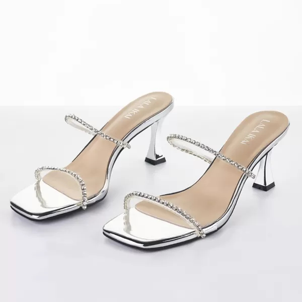 LALA IKAI Women's Clear Square Toe Sandals Rhinestone Open Toe Heels Two Strap Slip On Mules Party Wedding Dress Shoes