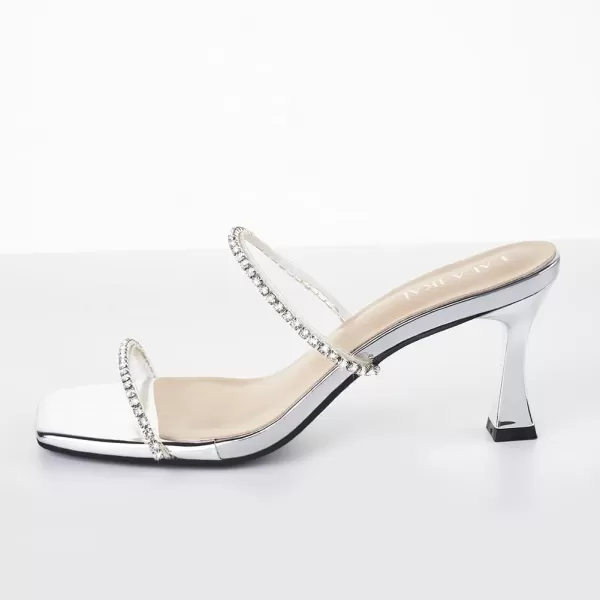 LALA IKAI Women's Clear Square Toe Sandals Rhinestone Open Toe Heels Two Strap Slip On Mules Party Wedding Dress Shoes