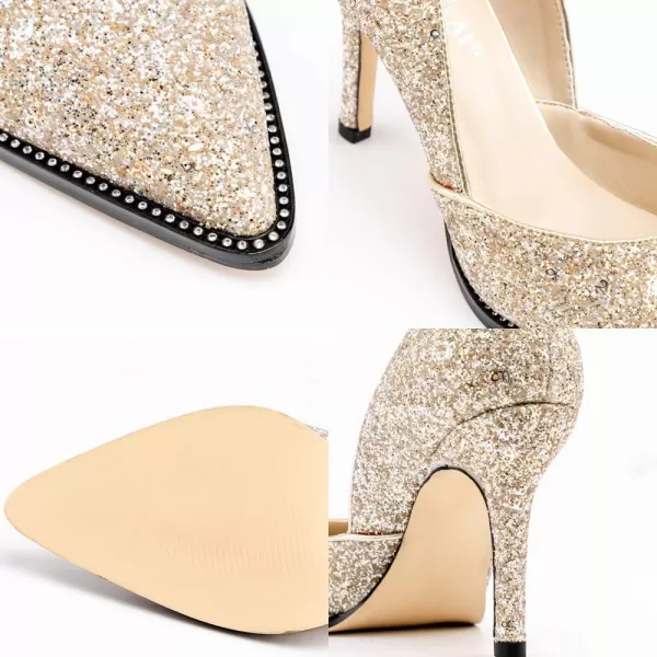 LALA IKAI Women’s Pointed Toe Pumps Gold Glitter High Heels with Rhinestone Stiletto Wedding Party Dress Shoes