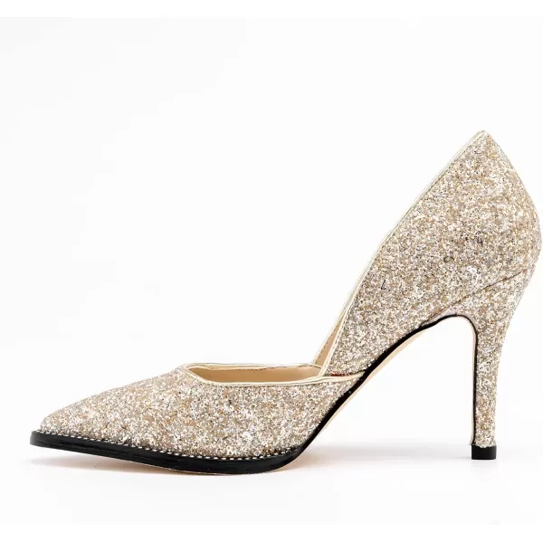 LALA IKAI Women’s Pointed Toe Pumps Gold Glitter High Heels with Rhinestone Stiletto Wedding Party Dress Shoes