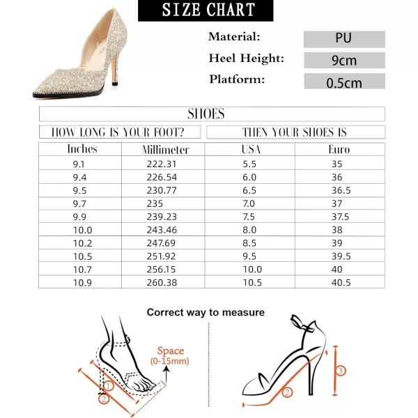 LALA IKAI Women’s Pointed Toe Pumps Gold Glitter High Heels with Rhinestone Stiletto Wedding Party Dress Shoes