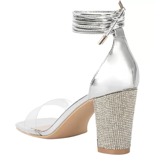 Women's Heels Chunky High Heels Sandals for Women Comfy Open Toe Strappy Rhinestone Heeled White Silver Gold Black Ankle Clear Dress Shoes)