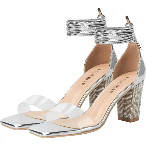 Women's Heels Chunky High Heels Sandals for Women Comfy Open Toe Strappy Rhinestone Heeled White Silver Gold Black Ankle Clear Dress Shoes)